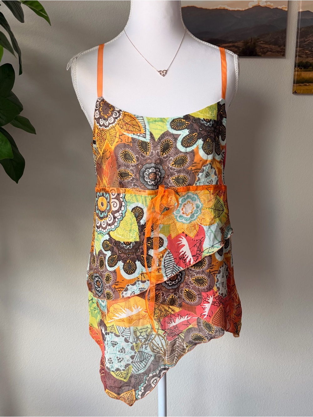 Tribal Orange Multi Floral Patchwork Sheer Camisole
